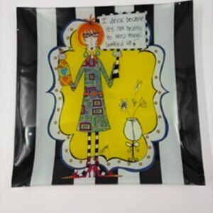 Transpac Collectible Glass Decorative Food Safe Plate Drink Illustration